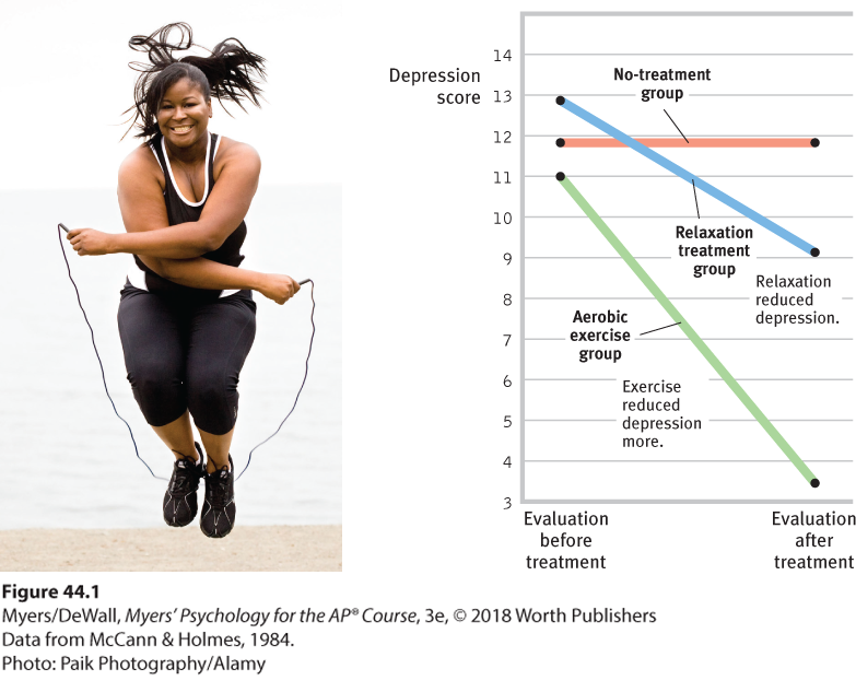 An illustration shows that aerobic exercise reduces mild depression.