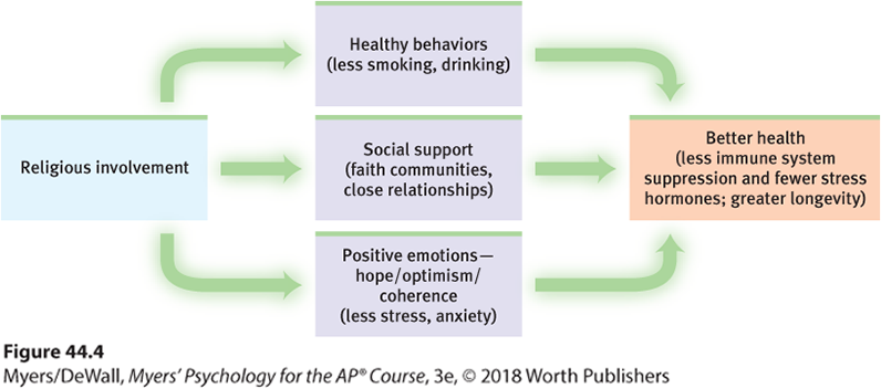 An illustration shows the possible explanations for the correlation between religious involvement and health/longevity.