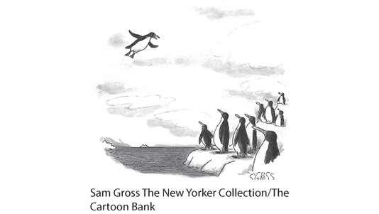 To illustrate motivation, this cartoon features a penguin in midflight, looking below to several others standing on icebergs.