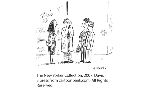 New Yorker cartoon showing two couples who appear to have run into each other by chance on the street.