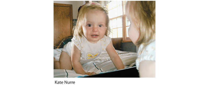 Photograph of a toddler looking in the mirror. She looks surprised and amused.