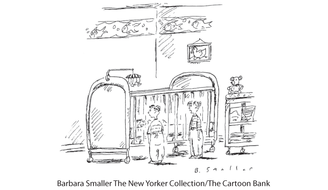 New Yorker cartoon showing two boys standing next to a crib.