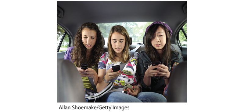 This is a photograph of three teenage girls in the back seat of a car, all texting on their phones.