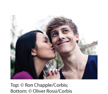 This image is a photograph of a young boy raking leaves. This image is a photograph of a young woman kissing a young man on the cheek.