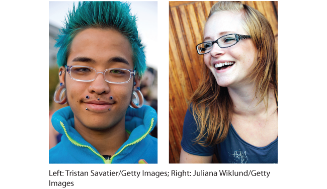 This image is a photograph of a teenage boy with dyed blue hair, large gauges in his ears, and piercings on his face and ears. This image is a photograph of a teenage girl with glasses and a blue top.