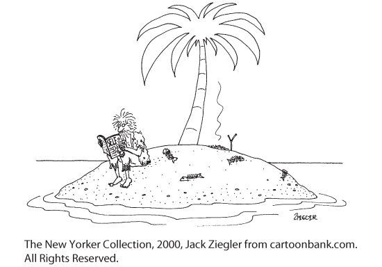 This cartoon shows a man alone on a deserted island, palm tree in the back, wearing tattered clothes and an overgrown beard. He is reading a paper.