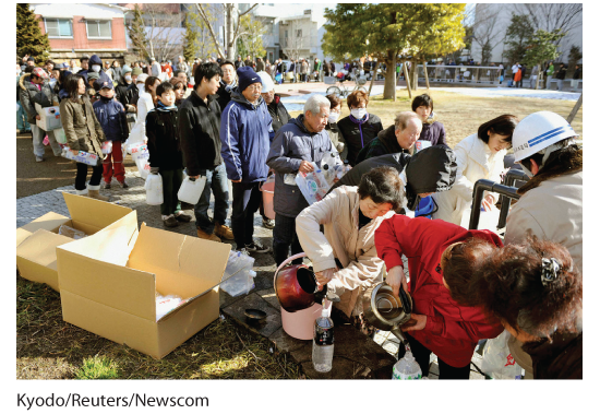 To illustrate considerate collectivists, this picture shows an extremely long line of Japanese people waiting to pour precious water into containers post-Earthquake.