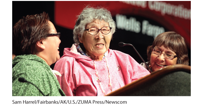 This is a picture of an older Alaskan Native who is speaking at a podium while being revered by two younger women who are flanking her. This illustrates a collectivist culture.