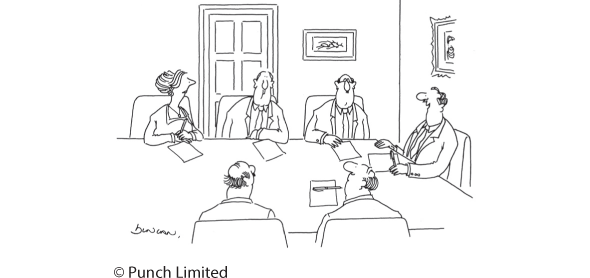 A cartoon shows five men and a woman sitting around a table. A caption below reads, That’s an excellent suggestion, Miss Triggs. Perhaps one of the men would like to suggest it.