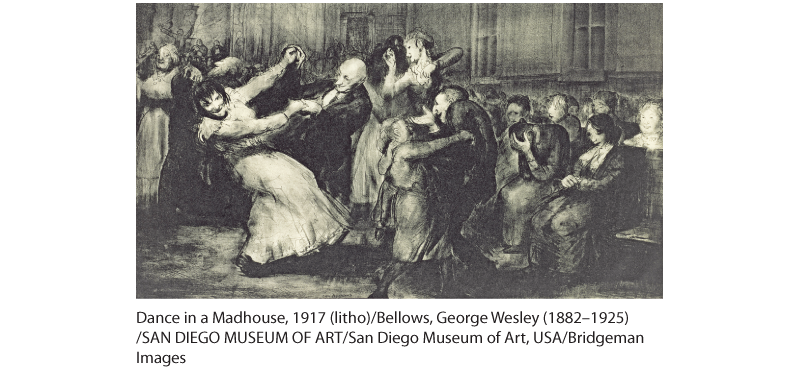 This image is from George Bellows’ painting, Dance in a Madhouse. It depicts ball goers with maniacal smiles on their faces dancing, while others are seated watching.