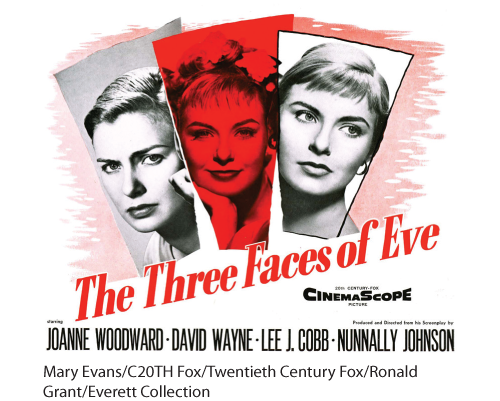 A movie poster of The Three Faces of Eve shows three different facial expressions of Joanne Woodward.