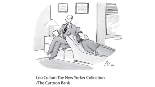 This is a cartoon showing a woman laying on a sofa, and a man in a suit sitting behind her in a chair holding a pad and pen. The caption reads, “Would it be possible to speak with the personality that pays the bills?”