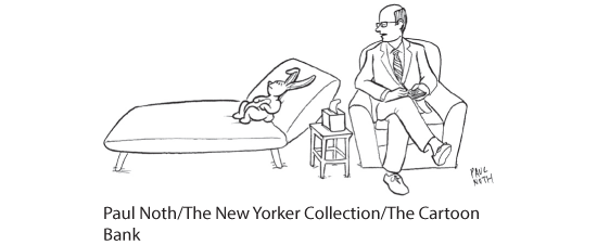 This is a cartoon showing a rabbit laying on a sofa with a man sitting in a chair behind him. The caption reads, “I’m more interested in hearing about the eggs you’re hiding from yourself.”