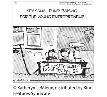 This cartoon shows two children sitting at a desk outside a house. There is a large lamp. A sign on the desk reads “Got Winter Blues? Light Therapy 5 cents”. The Cartoon is titled “Seasonal fund raising for the young entrepreneur”.