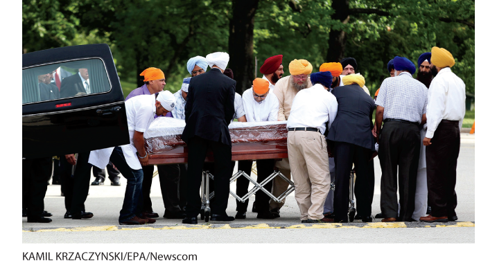 A photo of a Sikh community arrying a dead body.