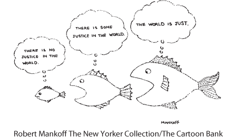 New Yorker cartoon showing a large fish eating a medium fish, which is in turn eating a smaller one.