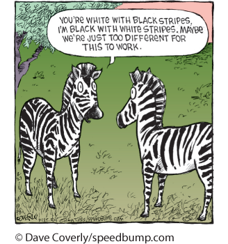 A cartoon shows two zebras. A zebra says, You are white with black stripes I’m black with white stripes. Maybe, we’re just too difficult for this to work.