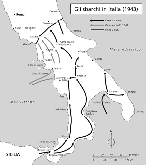 Cartina - Gli sbarchi in Italia (1943)