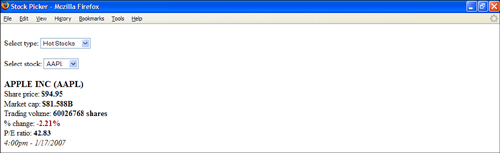 The Picker Web page consists of two selection lists and an area for displaying the stock information.