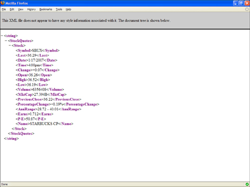You can examine the XML stock information returned by the Quoter PHP script by opening the script directly in a browser.