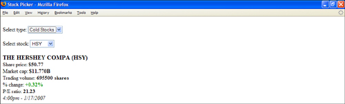 Selecting a different stock type results in the dynamic reloading of the stock list as well as new stock information being displayed.