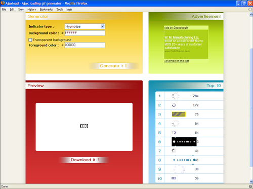 The AjaxLoad.info Web site allows you to generate custom animated “loading” images for Ajax applications.