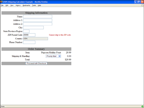 The Shipper Web page consists of several input controls and display areas, although the ZIP code input and shipping charge output fields are by far the most important.