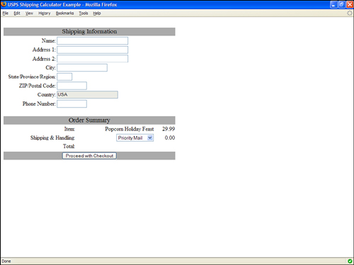 The Shipper application starts out with the entire user interface blank except for the default Country field, which cannot be changed from USA.