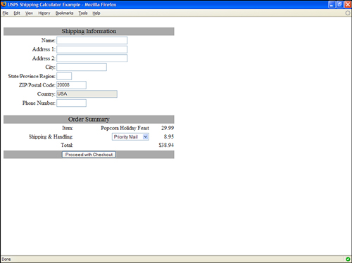 Entering a valid ZIP code results in a successful Ajax request of the shipping rate, which also results in the calculation of the order total.