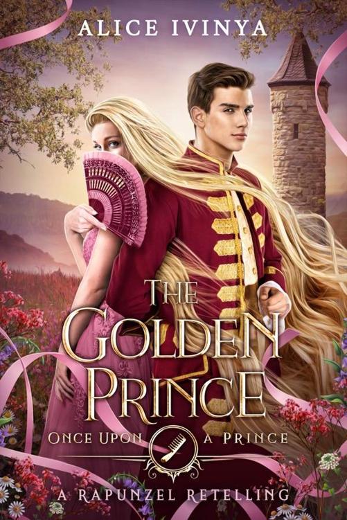 Cover for The Golden Prince by Alice Ivinya: A handsome, dark-haired young man with golden skin glances confidently at the viewer; he wears a princely red-and-gold coat and stands back-to-back with a beautiful woman whose long golden hair streams around him. She wears a pink princess dress and coyly covers half her face with an ornamental pink fan. Ribbons and flowers surround them, with fields of pink flowers in the background and a tower in the distance.