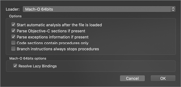 Hopper’s Loader window contains the following options: “Start automatic analysis after the file is loaded” (selected by default), “Parse Objective-C sections if present” (selected by default), “Parse exceptions information if present” (selected by default), “Code sections contain procedures only,” and “Branch instructions always stops procedures.” Underneath these options is a section called “Mach-O 64bits options” that only has one option: “Resolve Lazy Bindings” (selected by default).