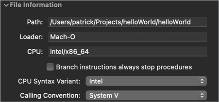 Hopper’s inspector view contains file information, including the Path (/Users/patrick/Projects/helloWorld/helloWorld), Loader (Mach-O), CPU (intel/x86_64), CPU Syntax Variant (Intel), and Calling Convention (System V).