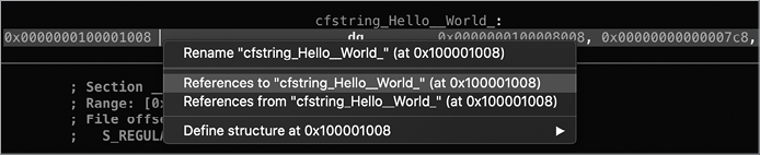 After control-clicking the string object, the context menu appears with four options: “Rename ‘cfstring_Hello_World_’ (at 0x1000001008)”; “References to ‘cfstring_Hello_World_’ (at 0x1000001008)”; “References from ‘cfstring_Hello_World_’ (at 0x1000001008)”; and “Define structure at 0x1000001008.”