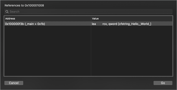 The Cross References window for “References to 0x1000001008” shows two columns, Address (“0x100000f3b (_main + 0x1b)”) and Value (“lea   rcx, qword [cfstring_Hello_World_]”).