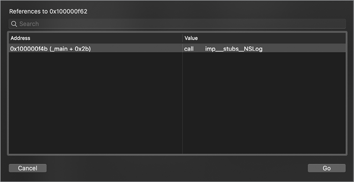 The Cross References window for “References to 0x100000f62” shows two columns, Address (“0x100000f4b (_main + 0x2b)”) and Value (“call   imp_stubs_NSLog”).