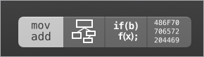 Hopper’s display modes toolbar, from left to right: Assembly mode (this mode’s toggle button contains the words “mov” and “add”), Control Flow Graph (CFG) mode (the button for this mode contains a tree graph), Pseudo-code mode (the button contains “if(b) f(x);”), and Hexadecimal mode (this button contains the groupings “486F70,” “706572,” and “204469”).