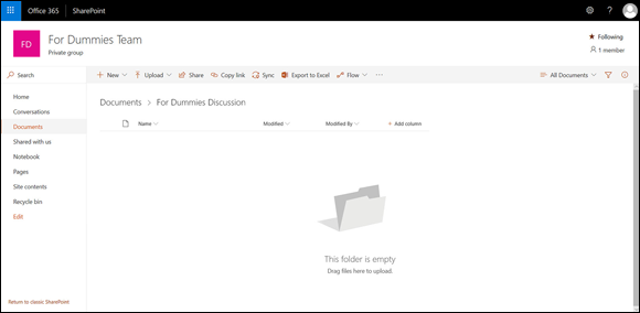 Screenshot of the SharePoint site associated with a Microsoft Teams channel displaying an empty folder.