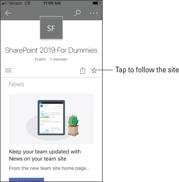Screenshot of the SharePoint Mobile app indicating to tap on the star to follow a site.