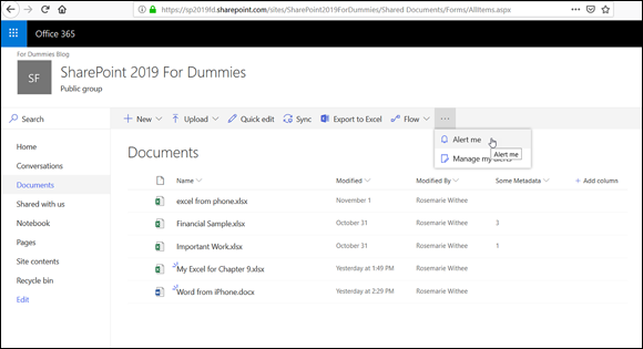 Screenshot of the Office 365 page for selecting the Alert Me option in a SharePoint Documents app.