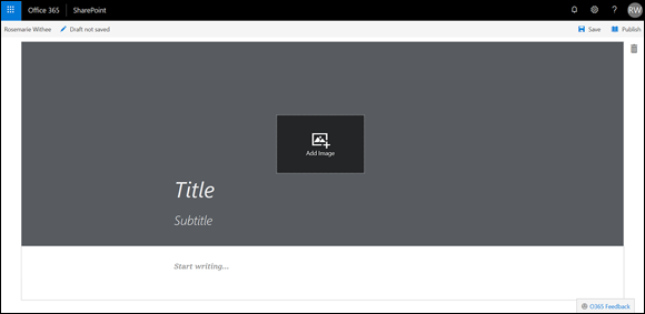 Screenshot displaying a personal blog in SharePoint using the concept of adding content such as title, subtitle, add images, and add content, in the relevant areas.