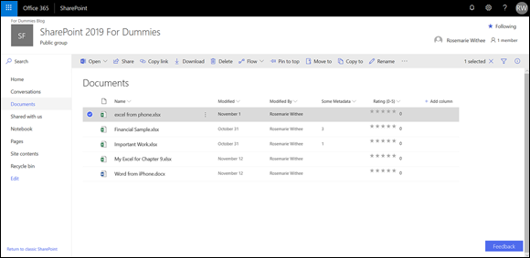 Screenshot of the SharePoint page for selecting a document and viewing the ribbon.