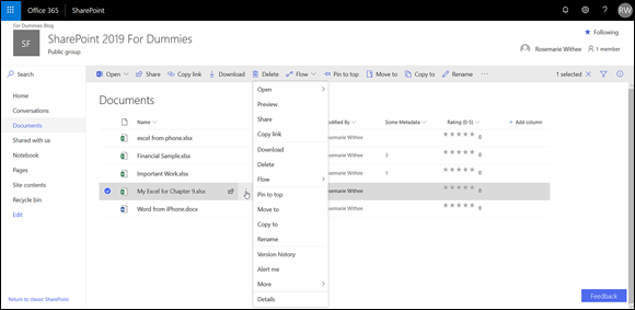 Screenshot of the SharePoint page for accessing the menu for a specific document using the ellipsis context menu.