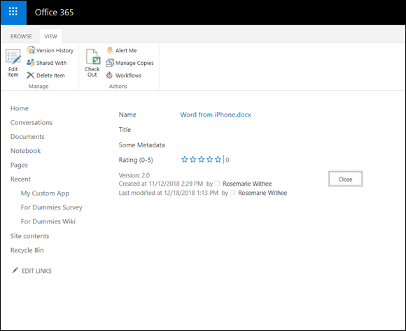 Screenshot of the Office 365 window displaying the properties page for a document, including its own View tab on the ribbon.