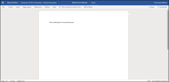 Screenshot of the Office Online version displaying a word document in the browser, to create and edit Office documents.