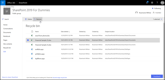 Screenshot of the SharePoint site for restoring a document from the Recycle Bin.