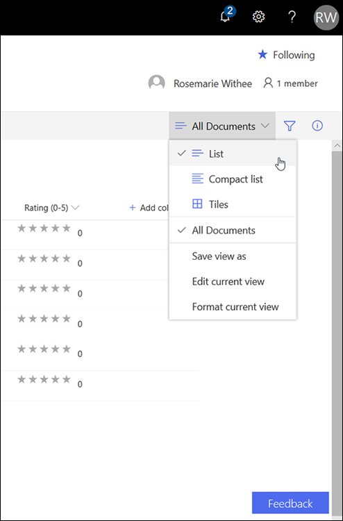 Screenshot depicting the drop-down menu for working with views, displaying the commands available for changing the current views or creating new views in a mobile app.