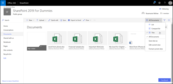 Screenshot of the SharePoint site displaying Excel files on the Documents page switching to a tile-based display.