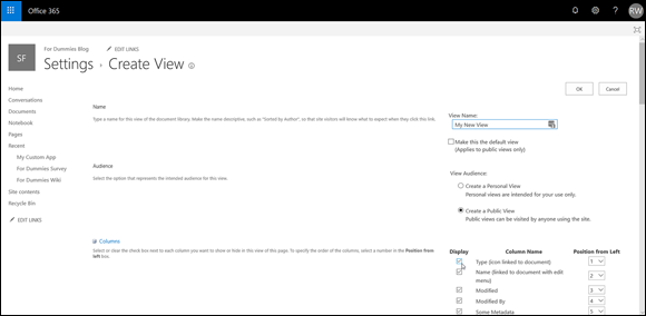 Screenshot of the Office 365 window to create a new view and select the columns needed to be displayed.