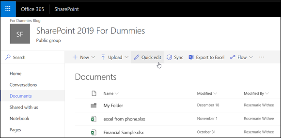 Screenshot of the SharePoint site displaying the Documents page indicating the Quick Edit button in the ribbon.