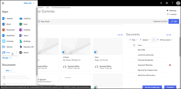 Screenshot for opening Flow from the Office 365 apps menu in the SharePoint site.